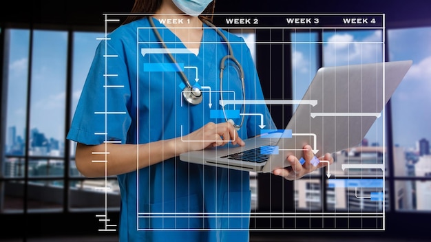 Project manager che lavora e aggiorna le attività con diagramma di Gantt pianificazione diagrammasuccesso medico intelligente che lavora con successo medico intelligente che lavora