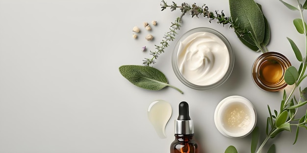 Promozione di abitudini salutari per la pelle Closeup di prodotti per la cura della pelle, compresa la crema per il viso, il siero antiossidante e l'olio di salvia sclarina