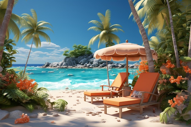 Promozione di fuga tropicale disegno di vendita estiva 3D con accenti di spiaggia e scena in piscina