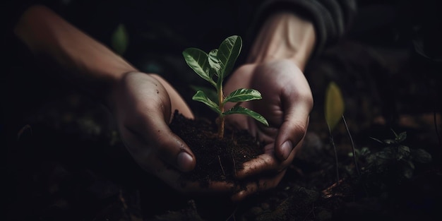 Promuovere la vita Mani che stringono dolcemente un alberello verde IA generativa