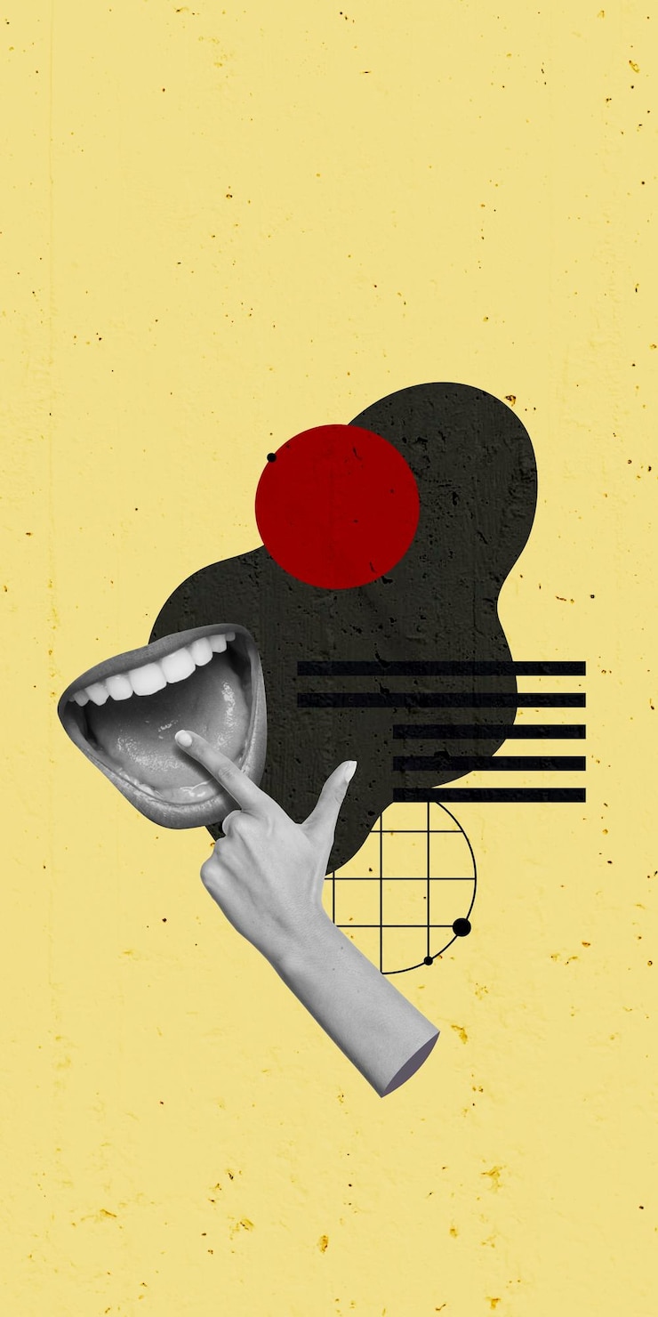 Foto propaganda concept art creative art collage bocca aperta grido retro colore di sfondo vintage