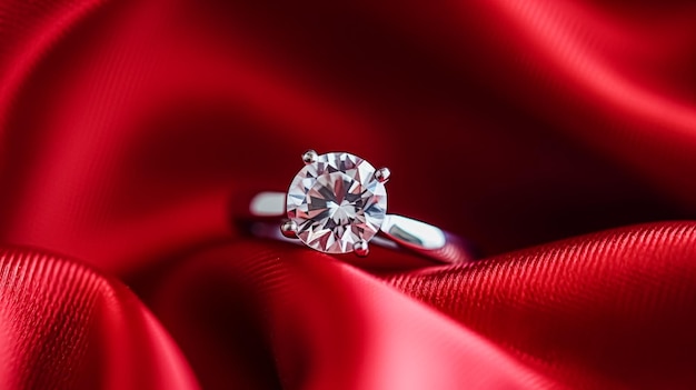 Proposta di gioielli e regalo di vacanza anello di fidanzamento in diamante su tessuto satinato di seta rossa simbolo di amore, romanticismo e ispirazione all'impegno