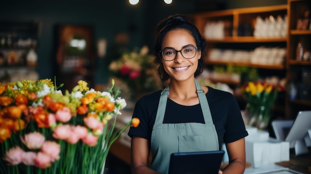 Proprietaria di una piccola azienda, donna di una fioreria sorridente