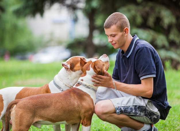 Proprietario amorevole che accarezza adorabili cani