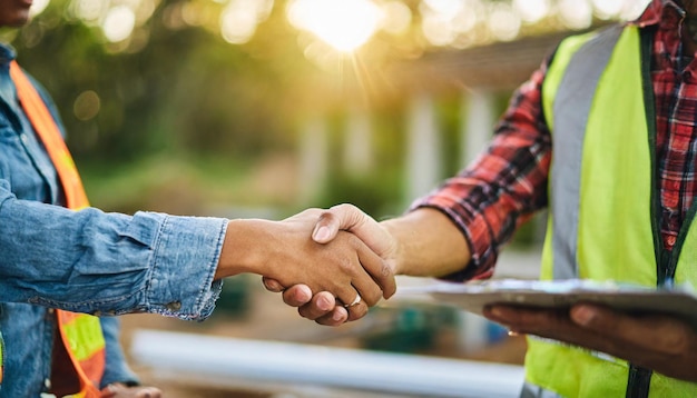 Proprietario di casa e appaltatore che si stringono la mano sul cantiere per simboleggiare la fiducia e la partnership in ho