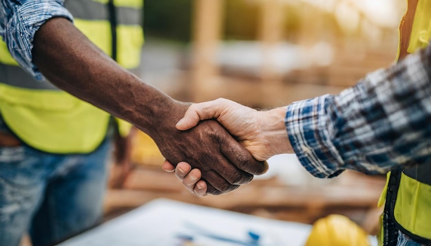 Proprietario di casa e appaltatore che si stringono la mano sul cantiere per simboleggiare la fiducia e la partnership in ho