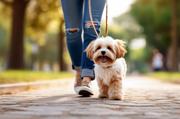 Proprietario di intelligenza artificiale generativa che cammina insieme con il cane nel parco all'aperto durante le vacanze estive Adorabile domestico