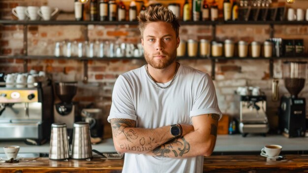 proprietario di un caffè in piedi di fronte a un bar di caffè