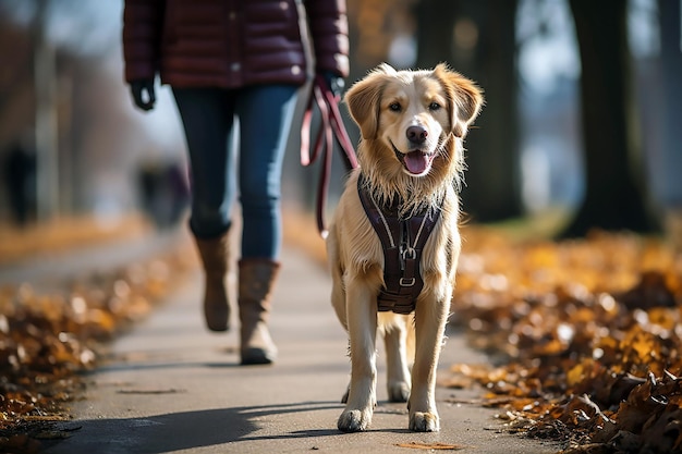 Proprietario di un cane femmina che porta a spasso il suo cane al guinzaglio