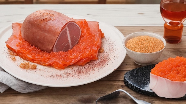 Prosciutto cotto e caviale rosso serviti sulla vecchia tavola di legno