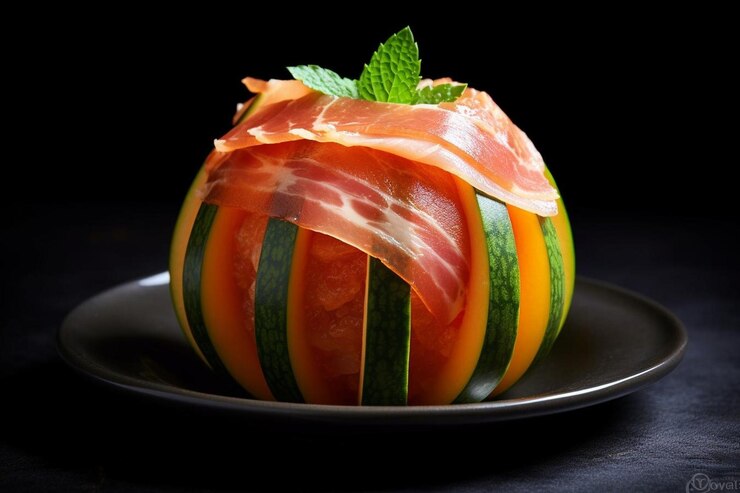 Foto prosciutto delizioso avvolto in melone prosciutto e fotografia alimentare di melone