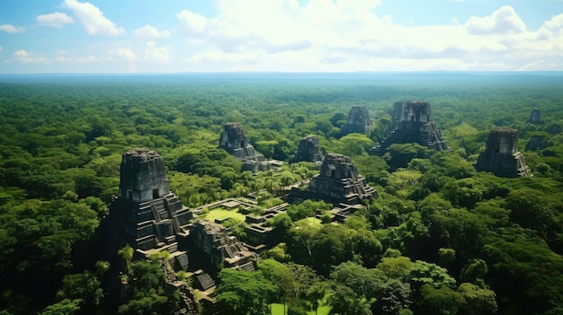 Prospettiva aerea del paesaggio urbano antico di Tikal Guatemala