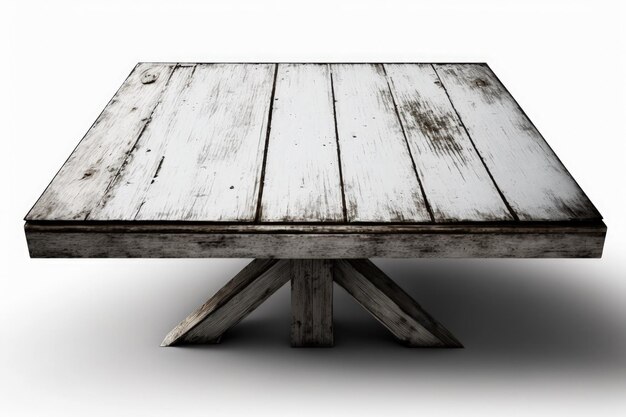 Prospettiva di un vecchio tavolo in legno con tavole su uno sfondo bianco