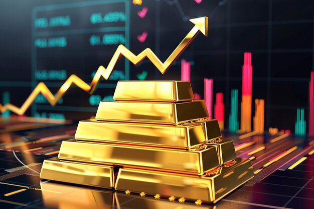 Prospettive di investimento in oro Illustrazione di barre d'oro su un ologramma di dati sulle scorte