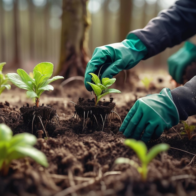 Prossimamente le mani con i guanti di una ragazza che pianta piantine pianta giovani alberi in una nuova foresta ai generative