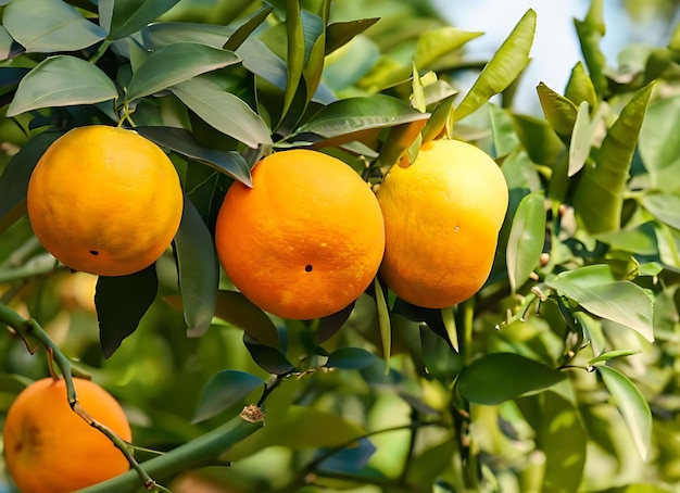 Prossimo piano degli alberi d'arancia in una fattoria di frutta biologica