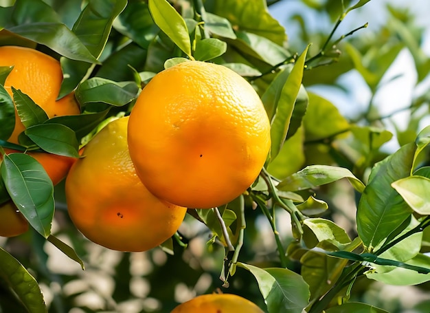 Prossimo piano degli alberi d'arancia in una fattoria di frutta biologica