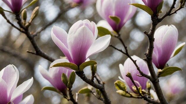 Prossimo piano dei fiori di magnolia rosa in fiore