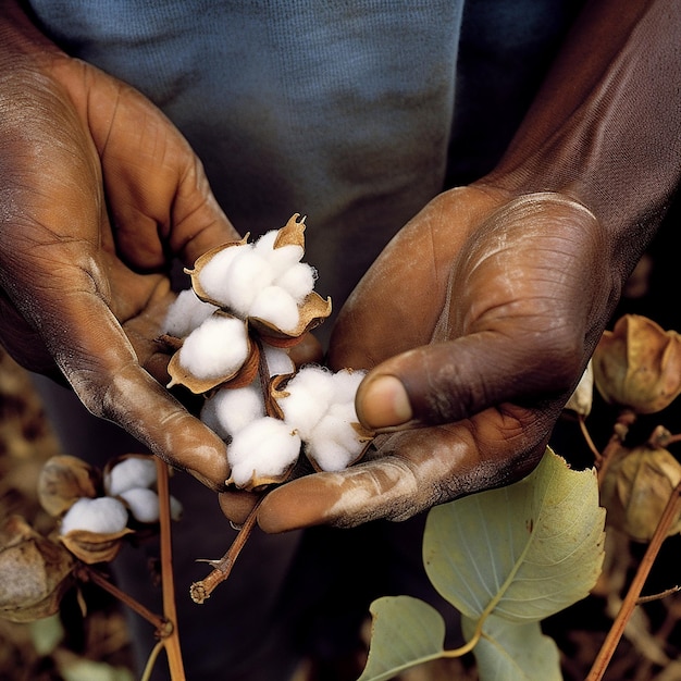 Prossimo piano della pianta di cotone nelle mani dell'agricoltore