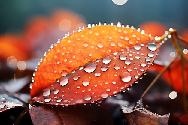 Prossimo piano della rugiada sulle foglie d'autunno al mattino