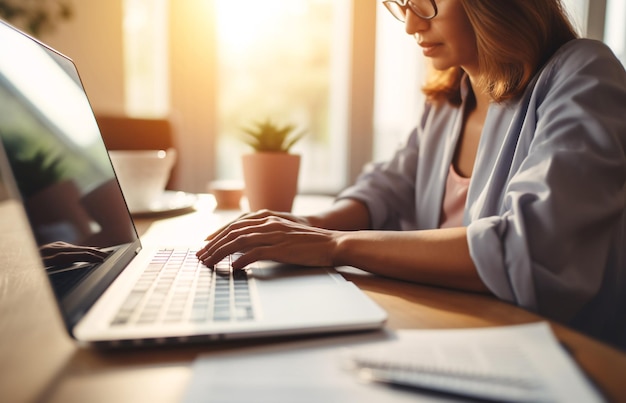 Prossimo piano delle mani di una donna d'affari che lavora sul portatile Donna che usa il portatile in ufficio a casa Blogger che scrive