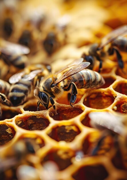Prossimo piano di api che lavorano sul nido di miele sfondo macro naturale