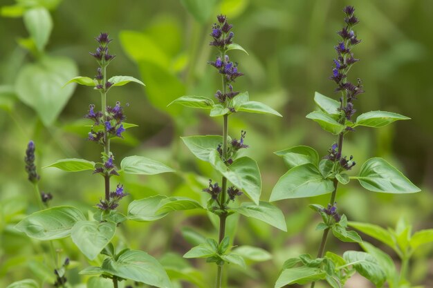 Prossimo piano di basilico verde con fiori viola