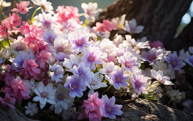 Prossimo piano di fiori rosa, viola e bianchi di primavera