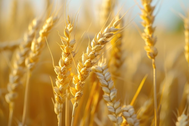 Prossimo piano di orecchie di grano in un campo di grano soleggiato in un giorno estivo o autunnale Periodo di raccolta