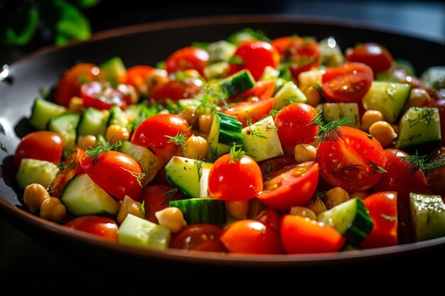 Prossimo piano di pomodori tagliati a cubetti e cetrioli dai colori vivaci