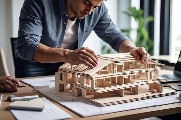 Prossimo piano di un architetto maschio che costruisce una casa modello Un architetto che lavora in ufficio