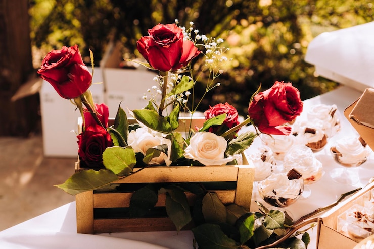 Foto prossimo piano di un bouquet di rose sul tavolo.