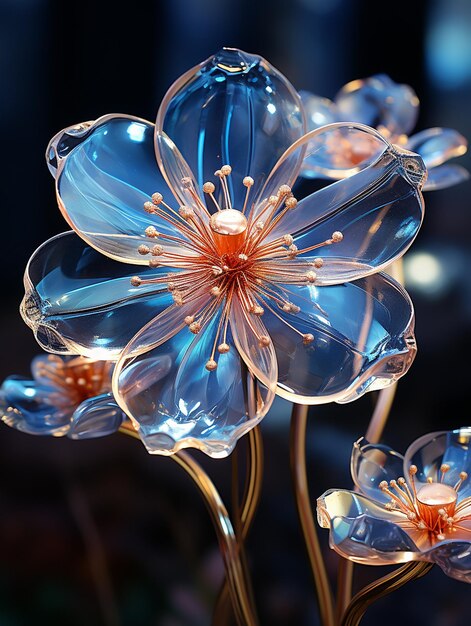 Prossimo piano di un fiore blu trasparente