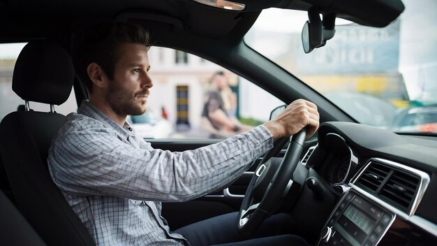 Prossimo piano di un uomo che guida un'auto