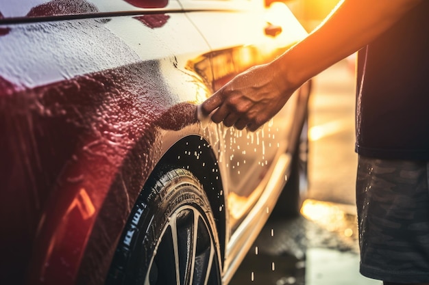 Prossimo piano di un uomo che lava l'auto con l'acqua al lavaggio dell'auto Persone che puliscono l'auto con una spugna al lavaggio dell'auto