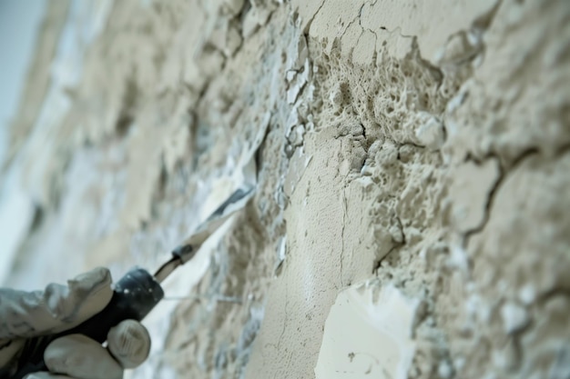 Prossimo piano di una parete di gesso che viene testata per la presenza di amianto