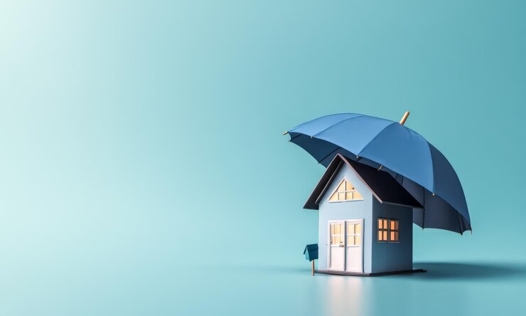 Photo protective blue umbrella over house model signifying real estate insurance mortgage safeguard conceptual image for advertising templates property coverage and financial security in homeownership