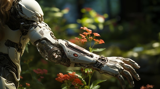 Protesi futuristica del braccio bionico con tecnologia robotica sullo sfondo della natura Ai generativa