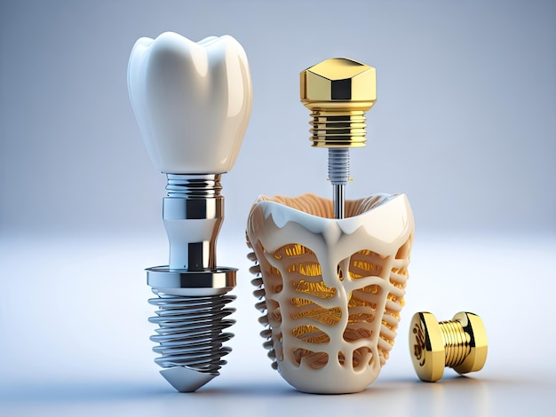 Protesi implantare dentale con vite su sfondo bianco ai generativa