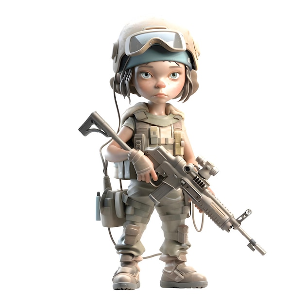 Protettore della nazione Un personaggio 3D Cute Girl Army con Gun isolato su sfondo bianco