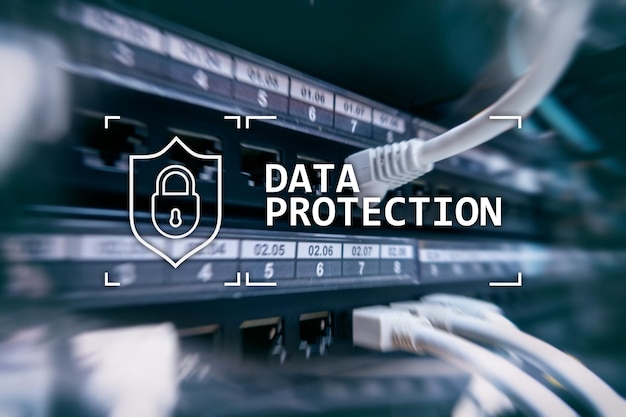 Protezione dei dati Sicurezza informatica Privacy delle informazioni Internet e concetto tecnologico Sfondo della sala server