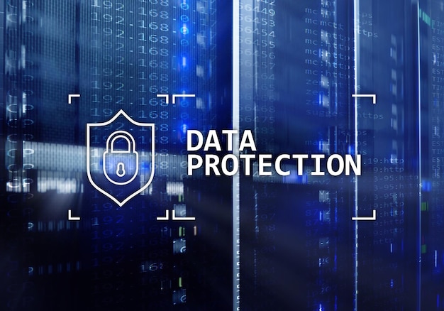 Protezione dei dati Sicurezza informatica Privacy delle informazioni Internet e concetto tecnologico Sfondo della sala server