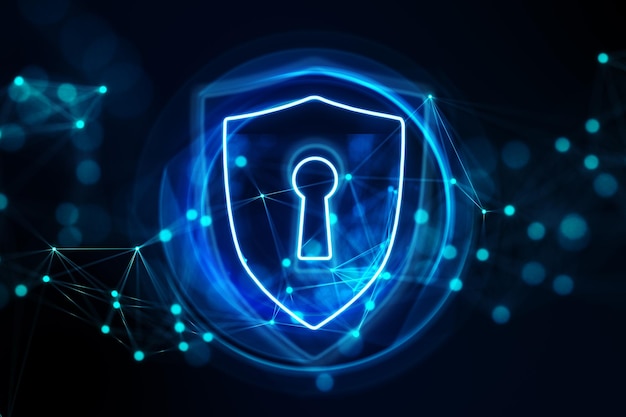 Protezione della sicurezza sicurezza dei dati informatici e concetto di privacy delle informazioni con buco della serratura nel simbolo dello scudo virtuale circondato da cerchi luminosi su sfondo scuro con punti sfocati rendering 3D