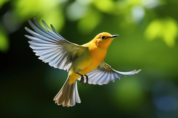 Prothonotary Warbler in volo tra il fogliame verde