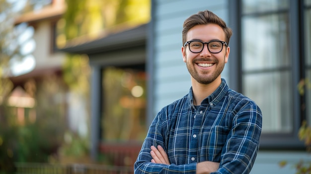 Proud proprietario di casa uomo che si sente felice in piedi di fronte alla sua nuova casa muoversi in e concetto immobiliare