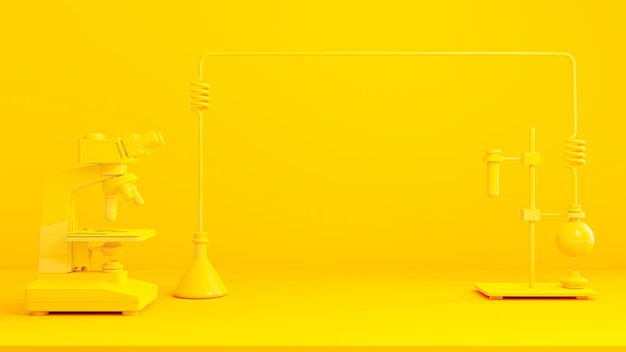 Provetta gialla e microscopio su sfondo giallo Spazio per banner e logo Concetto di esperimento scientifico Rendering 3D