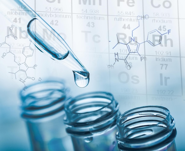 Provette di laboratorio di scienze, apparecchiature di laboratorio e icone