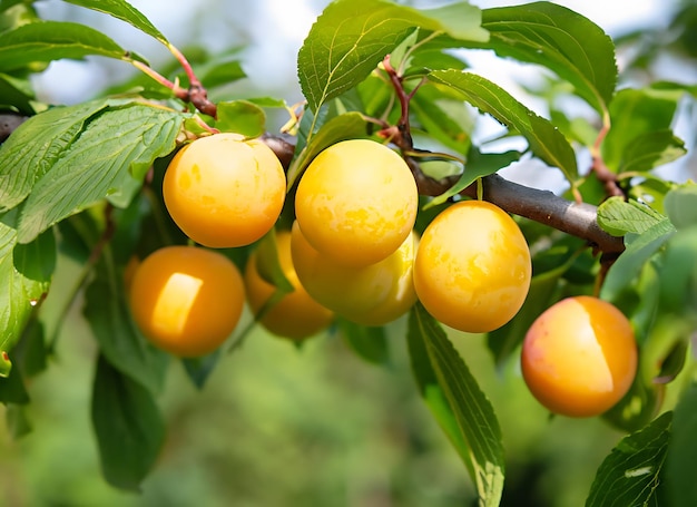 Prugne di ciliegio mature su un ramo frutto di prugne gialle frutteto La maturazione del frutto Frutto estivo