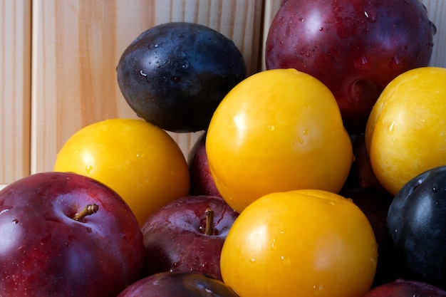 Prugne dolci mature multicolori di diverse varietà su una macrofotografia ravvicinata di un tavolo di legno