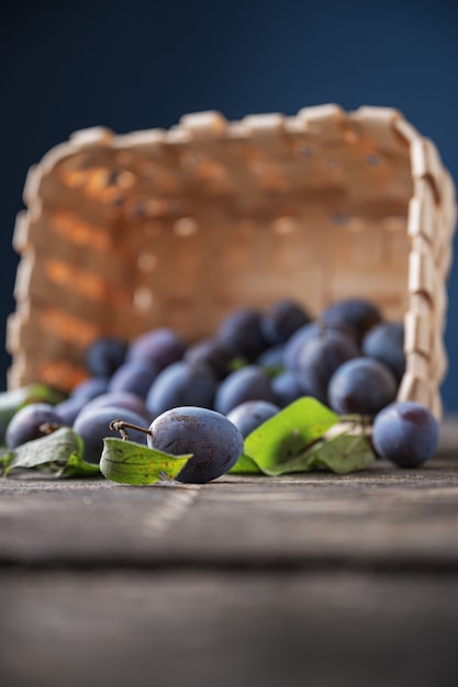 Prugne succose fresche nostrane sparse da un cesto di vimini